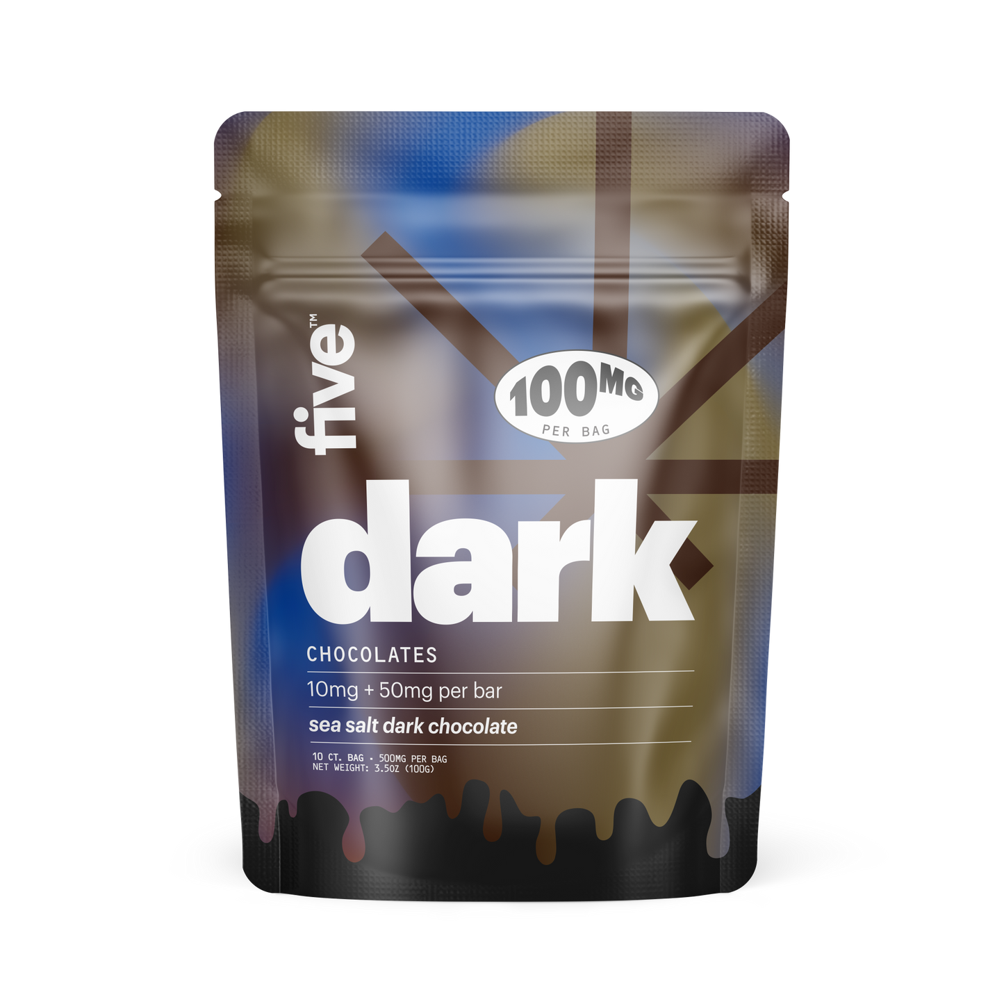 brand dark chocolate bag — sea salt dark chocolates, 100MG PER BAG; 10mg + 50mg per bar.