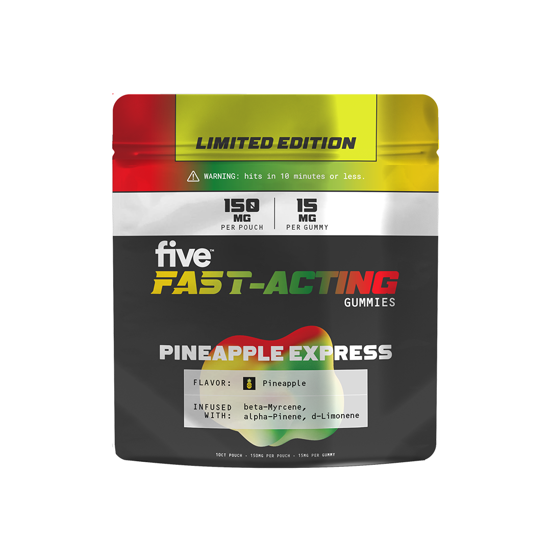 FAST-ACTING gummies, Pineapple Express flavor — 150 MG per pouch, 15 MG per gummy, Limited Edition