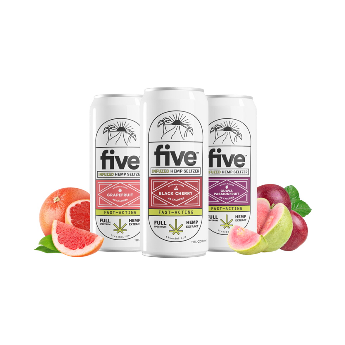 five cans: INFUZED HEMP SELTZER, GRAPEFRUIT, BLACK CHERRY, GUAVA PASSIONFRUIT; FAST-ACTING; FULL SPECTRUM HEMP EXTRACT