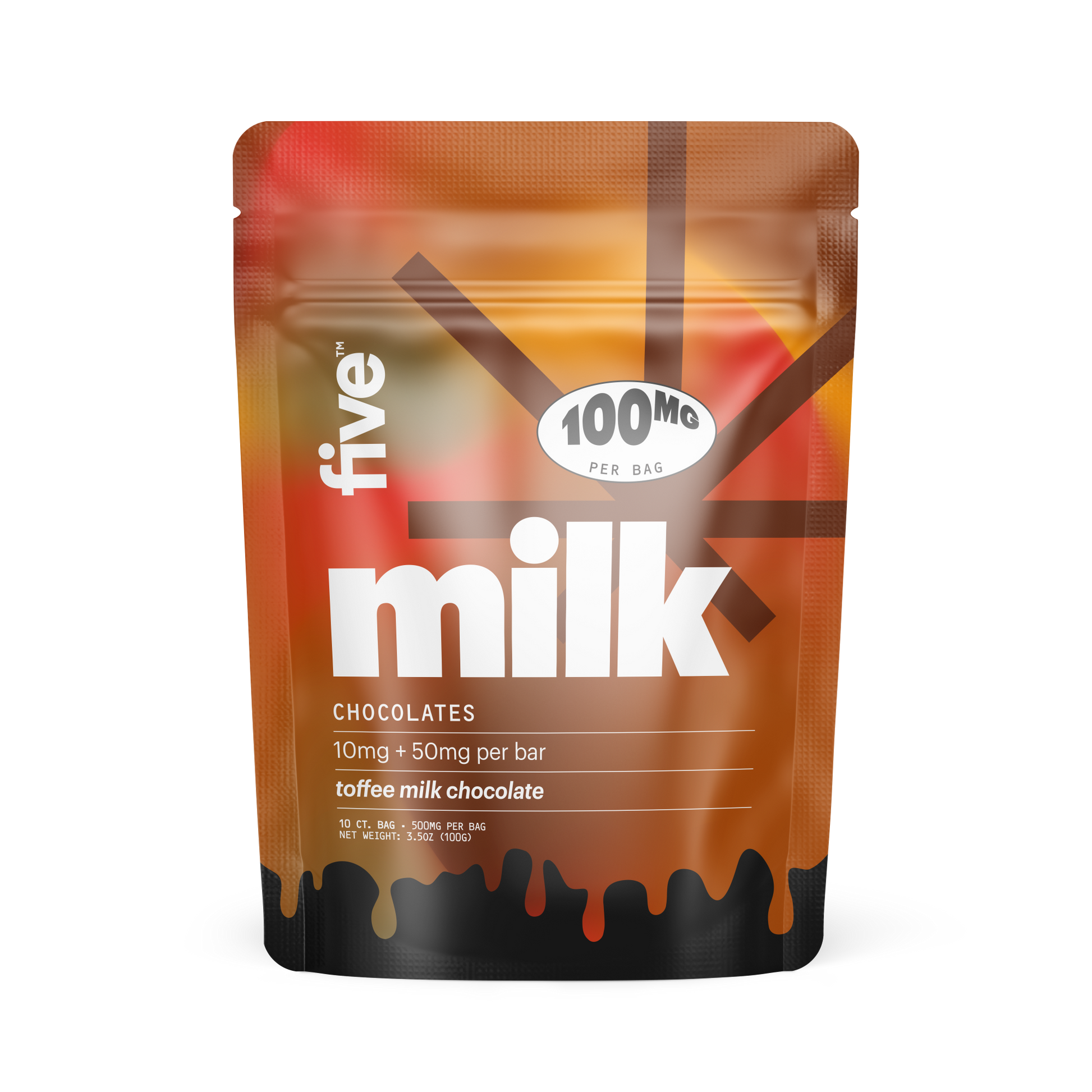 milk 100MG PER BAG CHOCOLATES 10mg + 50mg per bar toffee milk chocolate 10 CT. BAG 500MG PER BAG NET WEIGHT: 3.5OZ(100G)